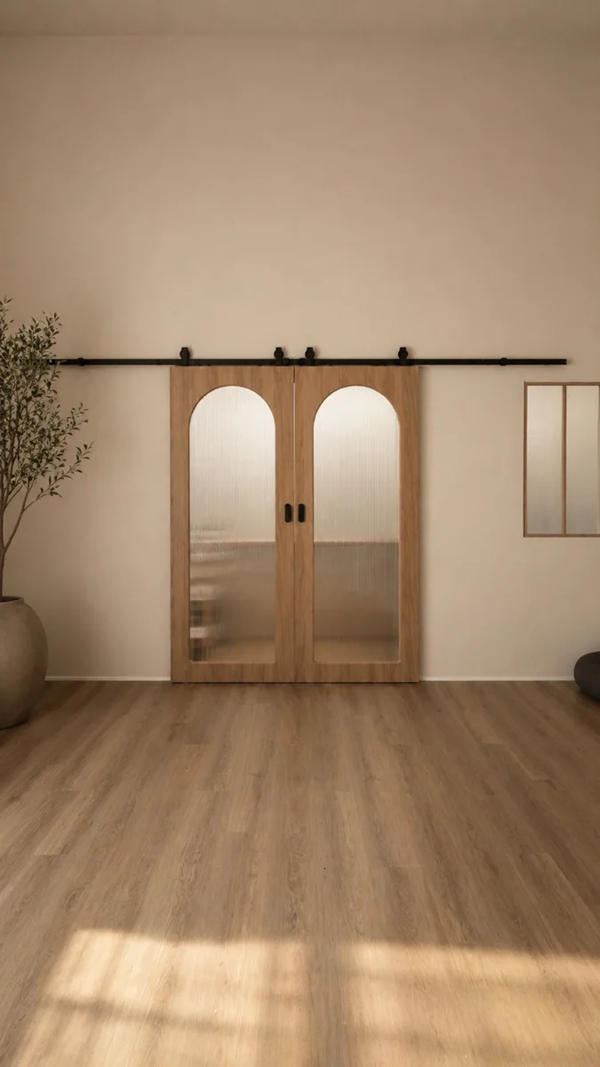 Wooden sliding doors leading into the studio
